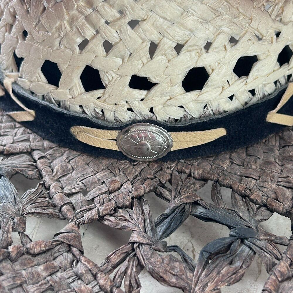 Woven Cowboy Cowgirl Hat S/M Brown White Leather Band Concho Unisex - Picture 4 of 10